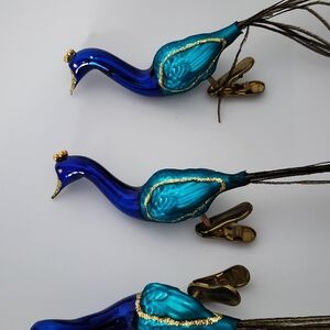Lot Of 3 Old World Magnificent Peacock Glass Clip-On Ornaments Real Feathers